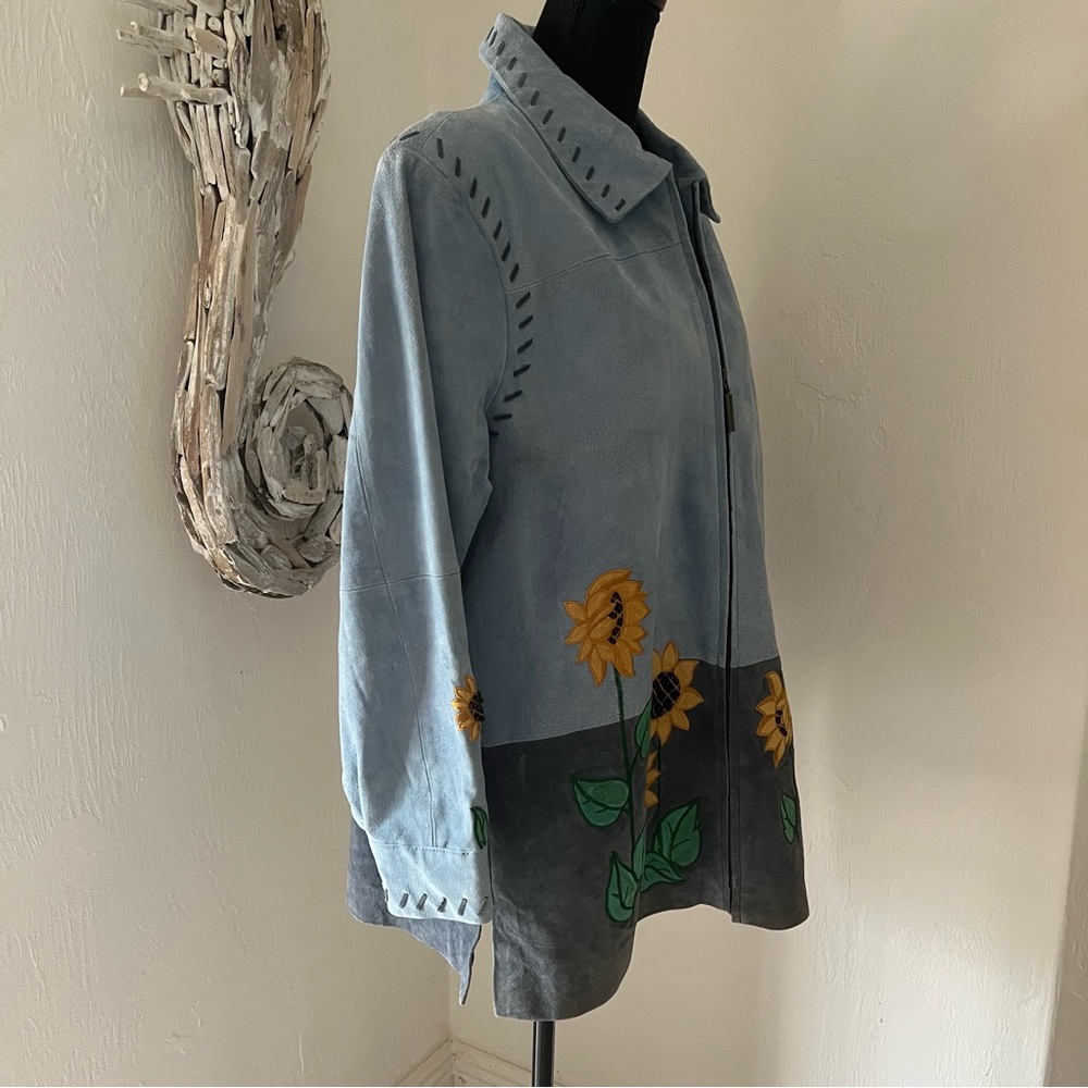 Suede Leather Barn Jacket L Blue Sunflowers Whipstitch Fall Boho Chore Quacker - Picture 3 of 16